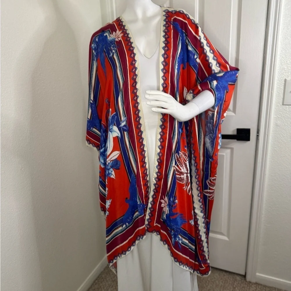 Farm Rio Macaw Red and Blue Geometric  duster  with Flowing Sleeves. - Picture 3 of 14